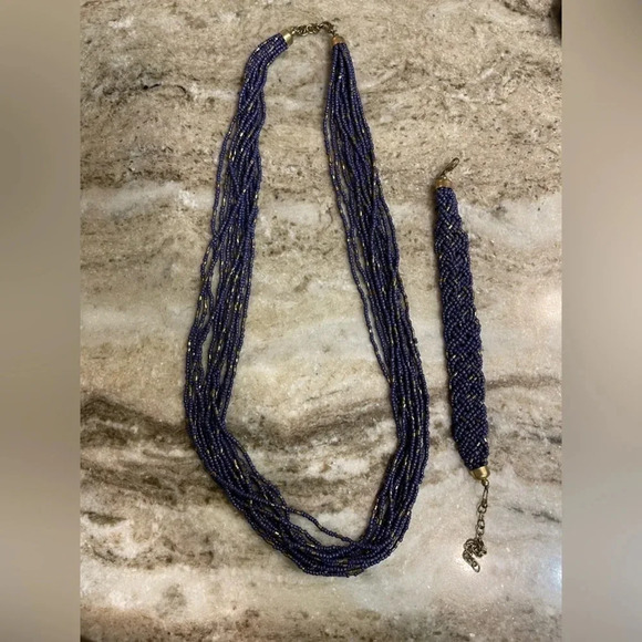 THIN MULTI STRAND SEED BEAD NECKLACE & AMAZING BRACELET Blue And Gold Braided - Picture 1 of 5